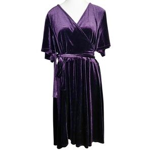Tacera Deep Purple Velvet Wrap Midi Dress